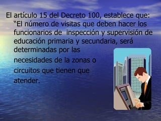 El artículo 15 del Decreto 100, establece que: “El número de visitas que deben hacer los funcionarios de  inspección y supervisión de educación primaria y secundaria, será determinadas por las  necesidades de la zonas o  circuitos que tienen que  atender.   