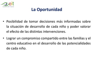 • Posibilidad de tomar decisiones más informadas sobre
la situación de desarrollo de cada niño y poder valorar
el efecto de las distintas intervenciones.
• Lograr un compromiso compartido entre las familias y el
centro educativo en el desarrollo de las potencialidades
de cada niño.
La Oportunidad
 