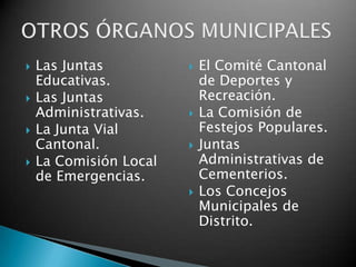    Las Juntas             El Comité Cantonal
    Educativas.             de Deportes y
   Las Juntas              Recreación.
    Administrativas.       La Comisión de
   La Junta Vial           Festejos Populares.
    Cantonal.              Juntas
   La Comisión Local       Administrativas de
    de Emergencias.         Cementerios.
                           Los Concejos
                            Municipales de
                            Distrito.
 