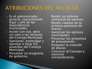    Es el administrador          Rendir un informe
    general, representante        semestral de egresos.
    legal y jefe de las          Rendir cuentas en la
    dependencias                  primera quincena de
    municipales.                  marzo.
   Asistir con voz, pero        Autorizar los egresos
    sin voto a las sesiones       municipales.
    del Concejo Municipal.       Presentar los proyectos
   Sancionar, promulgar y        de presupuesto.
    ejecutar o vetar los         Proponer la creación
    acuerdos del Concejo          de plazas.
    Municipal.                   Convocar al Concejo a
   Presentar un programa         sesiones
    de gobierno.                  extraordinarias.
 