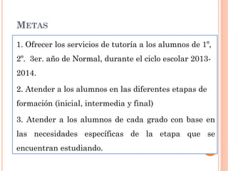 METAS
1. Ofrecer los servicios de tutoría a los alumnos de 1º,
2º. 3er. año de Normal, durante el ciclo escolar 2013-
2014.
2. Atender a los alumnos en las diferentes etapas de
formación (inicial, intermedia y final)
3. Atender a los alumnos de cada grado con base en
las necesidades específicas de la etapa que se
encuentran estudiando.
 