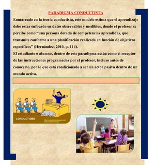 PARADIGMA CONDUCTISTA
Enmarcado en la teoría conductista, este modelo estima que el aprendizaje
debe estar enfocado en datos observables y medibles, donde el profesor se
percibe como “una persona dotada de competencias aprendidas, que
transmite conforme a una planificación realizada en función de objetivos
específicos” (Hernández, 2010, p. 114).
El estudiante o alumno, dentro de este paradigma actúa como el receptor
de las instrucciones programadas por el profesor, incluso antes de
conocerlo, por lo que está condicionado a ser un actor pasivo dentro de un
mundo activo.
 