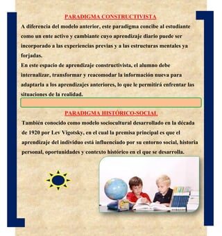 PARADIGMA HISTÓRICO-SOCIAL
También conocido como modelo sociocultural desarrollado en la década
de 1920 por Lev Vigotsky, en el cual la premisa principal es que el
aprendizaje del individuo está influenciado por su entorno social, historia
personal, oportunidades y contexto histórico en el que se desarrolla.
PARADIGMA CONSTRUCTIVISTA
A diferencia del modelo anterior, este paradigma concibe al estudiante
como un ente activo y cambiante cuyo aprendizaje diario puede ser
incorporado a las experiencias previas y a las estructuras mentales ya
forjadas.
En este espacio de aprendizaje constructivista, el alumno debe
internalizar, transformar y reacomodar la información nueva para
adaptarla a los aprendizajes anteriores, lo que le permitirá enfrentar las
situaciones de la realidad.
 