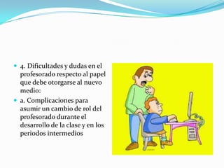  4. Dificultades y dudas en el
  profesorado respecto al papel
  que debe otorgarse al nuevo
  medio:
 a. Complicaciones para
  asumir un cambio de rol del
  profesorado durante el
  desarrollo de la clase y en los
  periodos intermedios
 