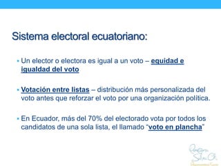  Un elector o electora es igual a un voto – equidad e
igualdad del voto
 Votación entre listas – distribución más person...