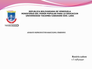 REPÚBLICA BOLIVARIANA DE VENEZUELA
MINISTERIO DEL PODER POPULAR PARA LA EDUCACIÓN
UNIVERSIDAD YACAMBU CABUDARE EDO. LARA
Rosiris cañon
c.I 25832940
APARATO REPRODUCTOR MASCULINO, FEMENINO
 
