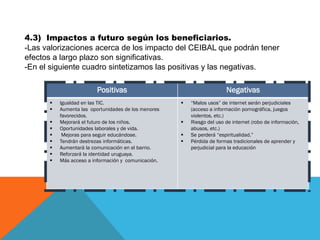 4.3) Impactos a futuro según los beneficiarios.
-Las valorizaciones acerca de los impacto del CEIBAL que podrán tener
efectos a largo plazo son significativas.
-En el siguiente cuadro sintetizamos las positivas y las negativas.
Positivas










Igualdad en las TIC.
Aumenta las oportunidades de los menores
favorecidos.
Mejorará el futuro de los niños.
Oportunidades laborales y de vida.
Mejoras para seguir educándose.
Tendrán destrezas informáticas.
Aumentará la comunicación en el barrio.
Reforzará la identidad uruguaya.
Más acceso a información y comunicación.

Negativas





“Malos usos” de internet serán perjudiciales
(acceso a información pornográfica, juegos
violentos, etc.)
Riesgo del uso de internet (robo de información,
abusos, etc.)
Se perderá “espiritualidad.”
Pérdida de formas tradicionales de aprender y
perjudicial para la educación

 