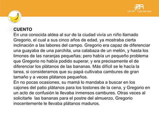 CUENTO
En una conocida aldea al sur de la ciudad vivía un niño llamado
Gregorio, el cual a sus cinco años de edad, ya mostraba cierta
inclinación a las labores del campo. Gregorio era capaz de diferenciar
una guayaba de una parchita, una calabaza de un melón, y hasta los
limones de las naranjas pequeñas; pero había un pequeño problema
que Gregorio no había podido superar, y era precisamente el de
diferenciar los plátanos de las bananas. Más difícil se le hacía la
tarea, si consideramos que su papá cultivaba cambures de gran
tamaño y a veces plátanos pequeños.
En no pocas ocasiones, su mamá lo mandaba a buscar en los
cajones del patio plátanos para los tostones de la cena, y Gregorio en
un acto de confusión le llevaba inmensos cambures. Otras veces al
solicitarle las bananas para el postre del almuerzo, Gregorio
inocentemente le llevaba plátanos maduros.
 