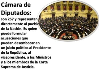Cámara de
Diputados:
son 257 y representan
directamente al pueblo
de la Nación. Es quien
puede formular
acusaciones que
puedan desembocar en
un juicio político al Presidente
de la República, al
vicepresidente, a los Ministros
y a los miembros de la Corte
Suprema de Justicia.
 