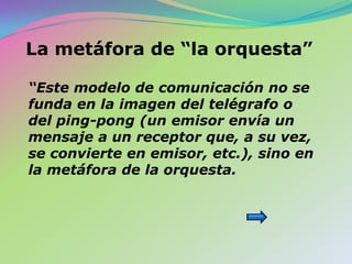 La metáfora de “la orquesta”“Este modelo de comunicación no se funda en la imagen del telégrafo o del ping-pong (un emisor envía un mensaje a un receptor que, a su vez, se convierte en emisor, etc.), sino en la metáfora de la orquesta.  