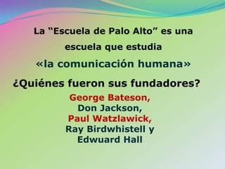 El momento y las características del lugar influyen en la manera como las personas se comportan y la manera como se comunican y como reaccionan.La “Escuela de Palo Alto” esunaescuelaqueestudia«la comunicaciónhumana»¿Quiénesfueronsusfundadores?George Bateson, Don Jackson, Paul Watzlawick, Ray Birdwhistell y Edwuard Hall