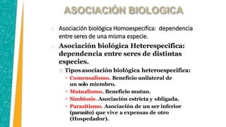 Asociación biológica Homoespecifica: dependencia
entre seres de una misma especie.
Asociación biológica Heterespecifica:
dependencia entre seres de distintas
especies.
Tiposasociación biológica heteroespecifica:
 Comensalismo. Beneficio unilateral de
un solo miembro.
 Mutualismo. Beneficio mutuo.
 Simbiosis. Asociación estricta y obligada.
 Parasitismo. Asociación de un ser inferior
(parasito) que vive a expensas de otro
(Hospedador).
 
