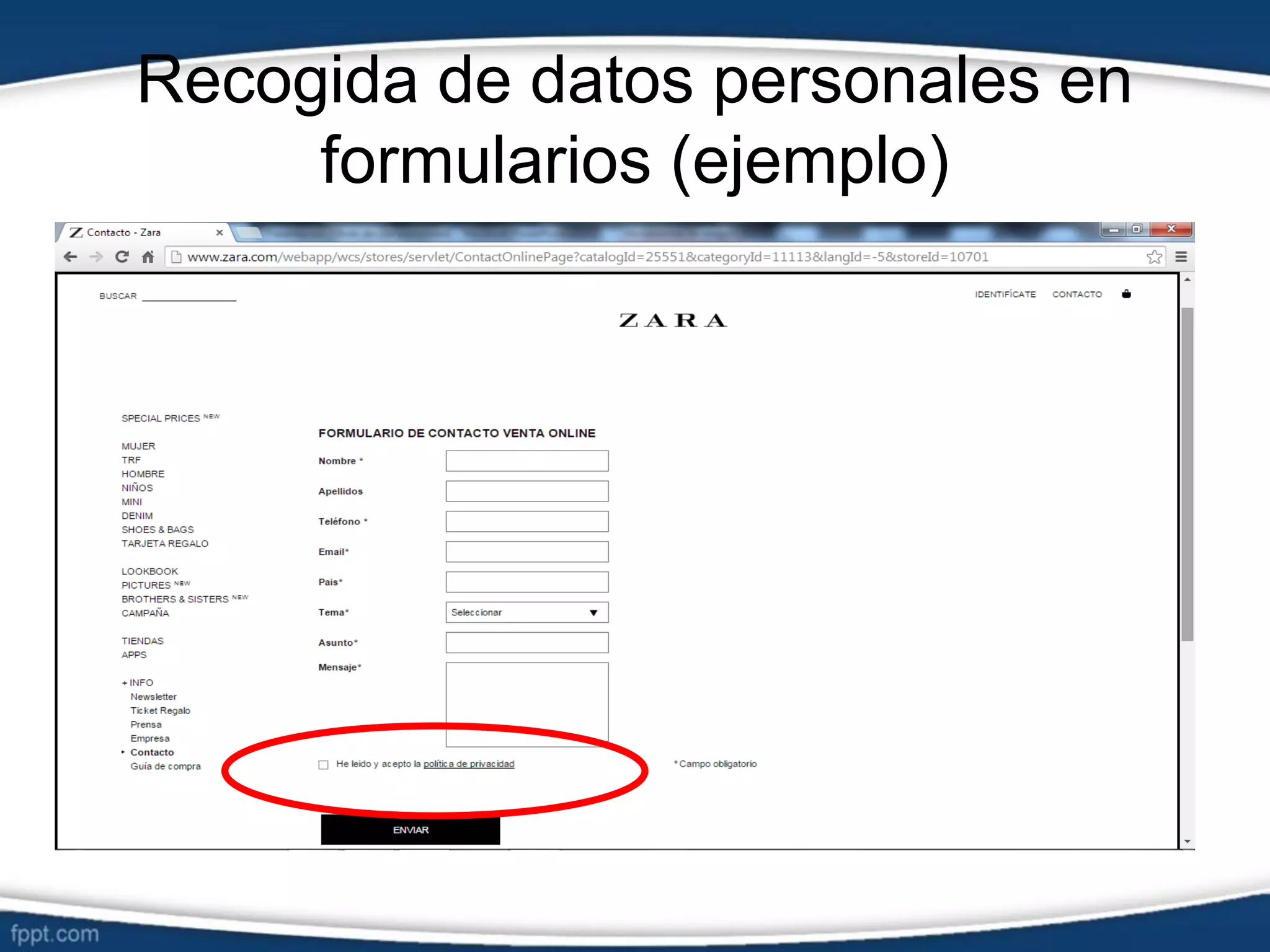 Recogida de datos personales en
formularios (ejemplo)
 