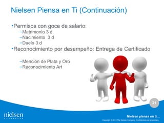 21
Copyright © 2012 The Nielsen Company. Confidential and proprietary.
Nielsen piensa en ti…
•Permisos con goce de salario:
–Matrimonio 3 d.
–Nacimiento 3 d
–Duelo 3 d
•Reconocimiento por desempeño: Entrega de Certificado
–Mención de Plata y Oro
–Reconocimiento Art
Nielsen Piensa en Ti (Continuación)
 