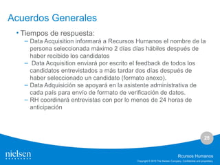 28
Copyright © 2010 The Nielsen Company. Confidential and proprietary.
Rcursos Humanos
Acuerdos Generales
• Tiempos de respuesta:
– Data Acquisition informará a Recursos Humanos el nombre de la
persona seleccionada máximo 2 días días hábiles después de
haber recibido los candidatos
– Data Acquisition enviará por escrito el feedback de todos los
candidatos entrevistados a más tardar dos días después de
haber seleccionado un candidato (formato anexo).
– Data Adquisición se apoyará en la asistente administrativa de
cada país para envío de formato de verificación de datos.
– RH coordinará entrevistas con por lo menos de 24 horas de
anticipación
 