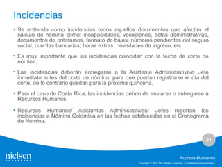 31
Copyright © 2010 The Nielsen Company. Confidential and proprietary.
Rcursos Humanos
Incidencias
• Se entiende como incidencias todos aquellos documentos que afectan el
cálculo de nómina como: incapacidades, vacaciones, actas administrativas,
documentos de préstamos, formato de bajas, números pendientes del seguro
social, cuentas bancarias, horas extras, novedades de ingreso, etc.
• Es muy importante que las incidencias coincidan con la fecha de corte de
nómina.
• Las incidencias deberán entregarse a la Asistente Administrativa/o Jefe
inmediato antes del corte de nómina, para que puedan registrarse el día del
corte, de lo contrario quedan para la próxima quincena.
• Para el caso de Costa Rica, las incidencias deben de enviarse o entregarse a
Recursos Humanos.
• Recursos Humanos/ Asistentes Administrativas/ Jefes reportan las
incidencias a Nómina Colombia en las fechas establecidas en el Cronograma
de Nómina.
 