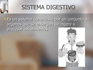 SISTEMA DIGESTIVO Es un sistema compuesto por un conjunto de órganos que se encargan de ingerir y procesar los alimentos. 