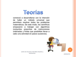 comenzó a desarrollarse con la intención
de hallar un método universal que
permitiera resolver todos los problemas
matemáticos. De este modo, los científicos
empezaron a trabajar con algoritmos
(conjuntos prescritos de instrucciones
ordenadas y finitas que posibilitan llevar a
cabo una actividad en pasos sucesivos).
29/05/2015
centro de recursos naturales,industria y
biodiversos
6
 