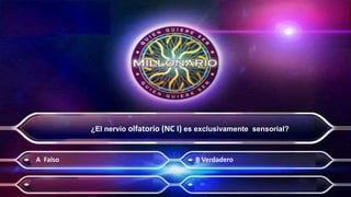 ¿El nervio olfatorio (NC I) es exclusivamente sensorial?
A Falso B Verdadero
 
