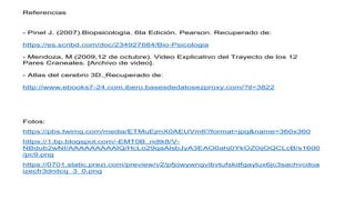 Referencias
- Pinel J. (2007).Biopsicología. 6ta Edición. Pearson. Recuperado de:
https://es.scribd.com/doc/234927684/Bio-Psicologia
- Mendoza, M.(2009,12 de octubre). Video Explicativo del Trayecto de los 12
Pares Craneales. [Archivo de video].
- Atlas del cerebro 3D. Recuperado de:
http://www.ebooks7-24.com.ibero.basesdedatosezproxy.com/?il=3822
Fotos:
https://pbs.twimg.com/media/ETMuEjmX0AEUVm6?format=jpg&name=360x360
https://1.bp.blogspot.com/-EMT0B_ndtk8/V-
NBdub2wNI/AAAAAAAAAlQ/HcLo29qaAlsbJyA3EAO0ahj0YkOZ0ijOQCLcB/s1600
/pc9.png
https://0701.static.prezi.com/preview/v2/pfjowywngvibvtufskdfgaylux6jc3sachvcdoa
izecfr3dnitcq_3_0.png
 