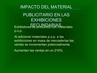 IMPACTO DEL MATERIAL
PUBLICITARIO EN LAS
EXHIBICIONES
SECUNDARIAS.Exhibidores de productos con materiales
p.o.p.
Al adicionar materiales p.o.p. a las
exhibiciones en masa de mercaderías las
ventas se incrementan potencialmente.
Aumentan las ventas en un 210%.
 
