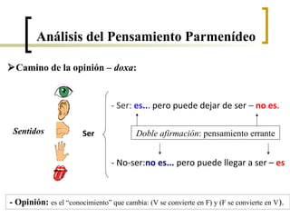 Camino de la opinión – doxa:
Sentidos Ser
- Ser: es... pero puede dejar de ser – no es.
- No-ser:no es... pero puede llegar a ser – es
Doble afirmación: pensamiento errante
- Opinión: es el “conocimiento” que cambia: (V se convierte en F) y (F se convierte en V).
Análisis del Pensamiento Parmenídeo
 