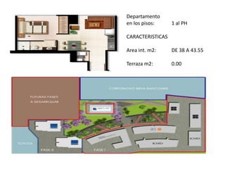 Departamento
en los pisos: 1 al PH
CARACTERISTICAS
Area int. m2: DE 38 A 43.55
Terraza m2: 0.00
Area total m2: 43.55
 