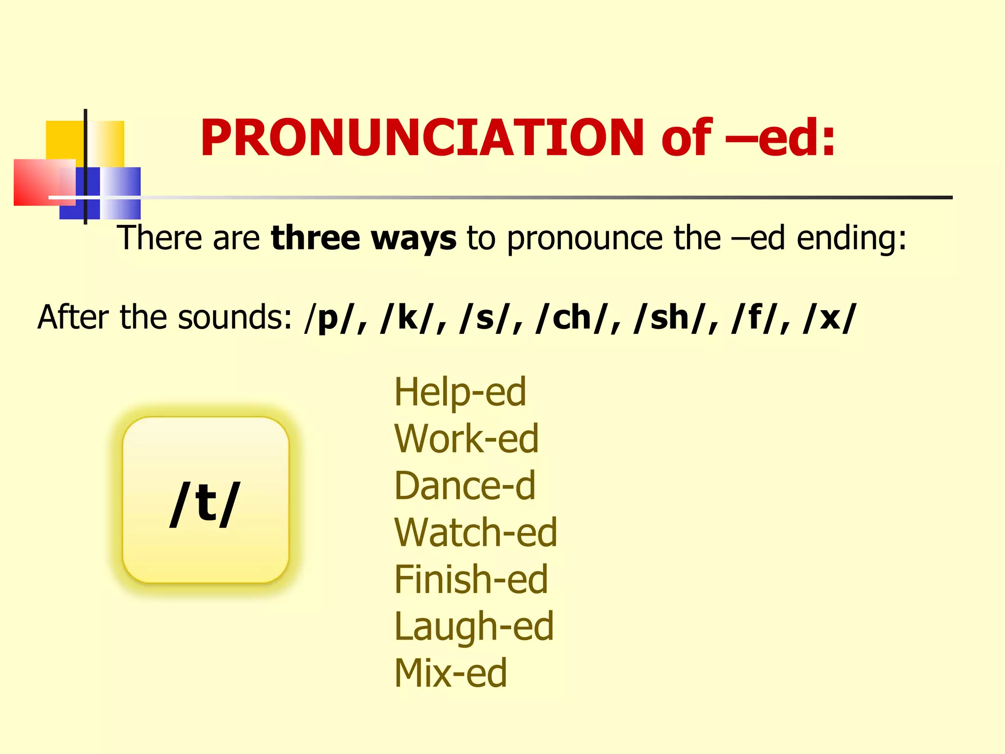 PRONUNCIATION of –ed: There are  three ways  to pronounce the –ed ending: After the sounds: / p/, /k/, /s/, /ch/, /sh/, /f/, /x/ Help-ed  Work-ed Dance-d Watch-ed Finish-ed Laugh-ed Mix-ed /t/ 