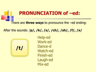 PRONUNCIATION of –ed: There are  three ways  to pronounce the –ed ending: After the sounds: / p/, /k/, /s/, /ch/, /sh/, /f/, /x/ Help-ed  Work-ed Dance-d Watch-ed Finish-ed Laugh-ed Mix-ed /t/ 