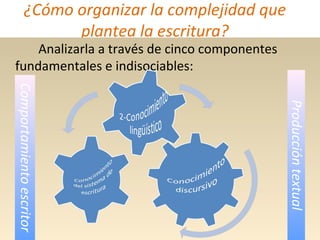 ¿Cómo organizar la complejidad que
plantea la escritura?
Analizarla a través de cinco componentes
fundamentales e indisociables:
Comportamientoescritor
Produccióntextual
 