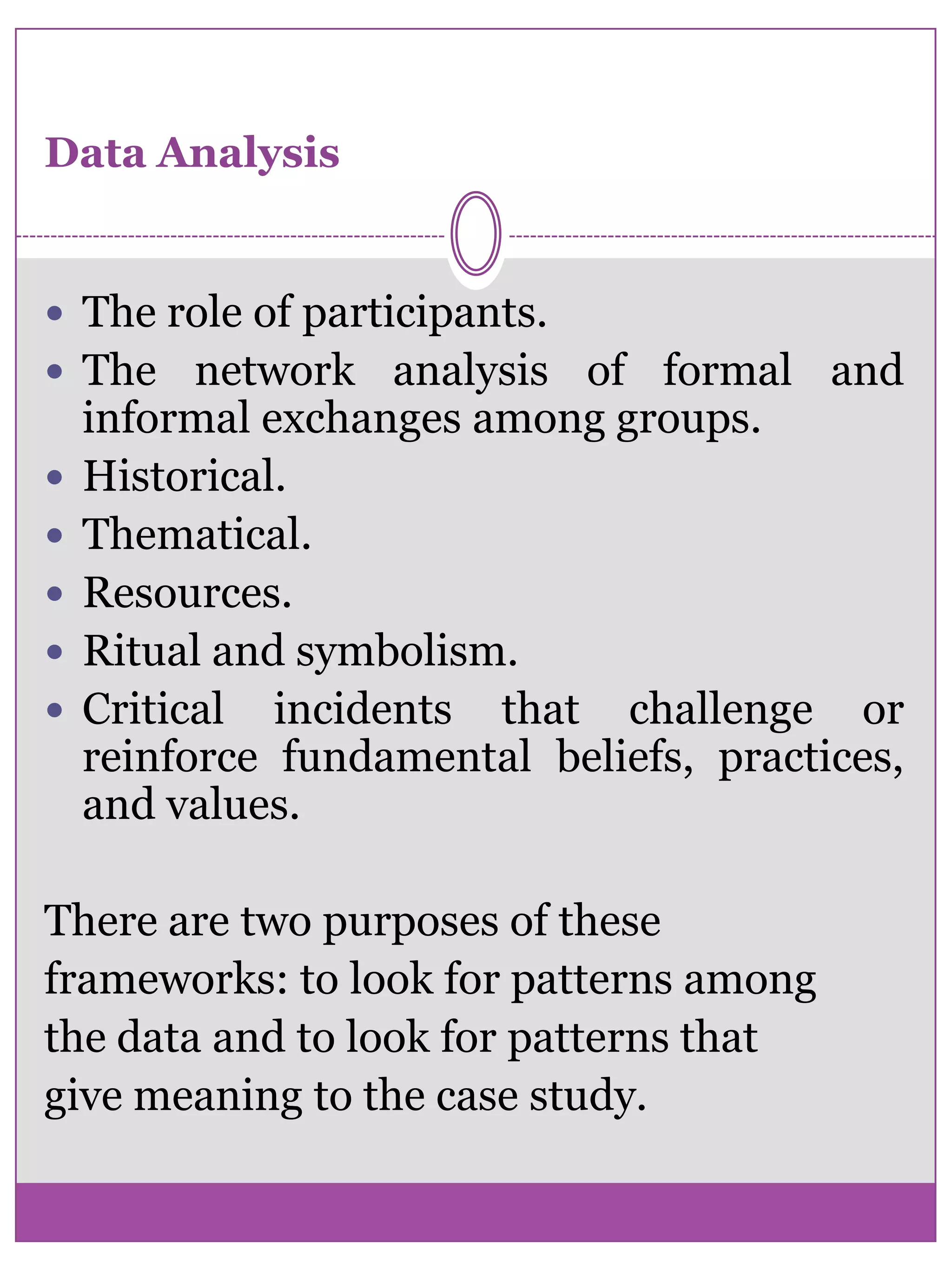 Conducting Case Study     Single or Multi-Modal Approach    To obtain as complete a picture of the participant as possible, case study researchers can employ a variety of methods.     Some common methods include :     interviews, protocol analyses, field studies, and participant-observations.     Emig (1971) chose to use several methods of data collection. Her sources included conversations with the students, protocol analysis, discrete observations of actual composition, writing samples from each student, and school records (Lauer and Asher 1988).