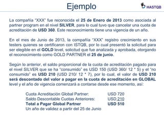 Ejemplo
La compañía “XXX” fue reconocida el 25 de Enero de 2013 como asociada al
partner program en el nivel SILVER, para lo cual tuvo que cancelar una cuota de
acreditación de USD 360. Este reconocimiento tiene una vigencia de un año.
En el mes de Junio de 2013, la compañía “XXX” registro crecimiento en sus
testers quienes se certificaron con ISTQB, por lo cual presentó la solicitud para
ser elegible en el GOLD level, solicitud que fue analizada y aprobada, otorgando
el reconocimiento como GOLD PARTNER el 25 de junio.
Según lo anterior, el saldo proporcional de la cuota de acreditación pagado para
el nivel SILVER que se ha “consumido” es USD 150 (USD 360/ 12 * 5) y el “no
consumido” es USD 210 (USD 210/ 12 * 7), por lo cual, el valor de USD 210
será descontado del valor a pagar en la cuota de acreditación en GLOBAL
level y el año de vigencia comenzará a contarse desde ese momento, así:
Cuota Acreditación Global Partner: USD 720
Saldo Descontable Cuotas Anteriores: USD 210
Total a Pagar Global Partner USD 510
Un año de validez a partir del 25 de Junio
 