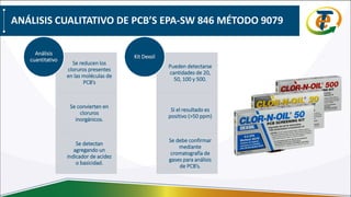 ANÁLISIS CUALITATIVO DE PCB’S EPA-SW 846 MÉTODO 9079
Se reducen los
cloruros presentes
en las moléculas de
PCB’s
Se convierten en
cloruros
inorgánicos.
Se detectan
agregando un
indicador de acidez
o basicidad.
Análisis
cuantitativo
Pueden detectarse
cantidades de 20,
50, 100 y 500.
Si el resultado es
positivo (>50 ppm)
Se debe confirmar
mediante
cromatografía de
gases para análisis
de PCB’s.
Kit Dexsil
 