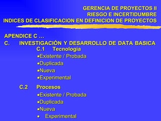 APENDICE C … C. INVESTIGACIÓN Y DESARROLLO DE DATA BASICA C.1 Tecnología  Existente / Probada  Duplicada  Nueva  Experimental C.2 Procesos  Existente / Probada  Duplicada  Nueva    Experimental GERENCIA DE PROYECTOS II RIESGO E INCERTIDUMBRE INDICES DE CLASIFICACION EN DEFINICION DE PROYECTOS 