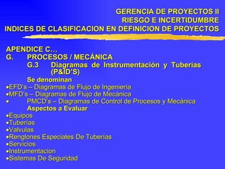 APENDICE C… G. PROCESOS / MECÁNICA G.3 Diagramas de Instrumentación y Tuberías  (P&ID’S) Se denominan  EFD’s – Diagramas de Flujo de Ingeniería  MFD’s – Diagramas de Flujo de Mecánica    PMCD’s – Diagramas de Control de Procesos y Mecánica Aspectos a Evaluar  Equipos  Tuberías  Valvulas  Renglones Especiales De Tuberías  Servicios  Instrumentacion  Sistemas De Seguridad GERENCIA DE PROYECTOS II RIESGO E INCERTIDUMBRE INDICES DE CLASIFICACION EN DEFINICION DE PROYECTOS 