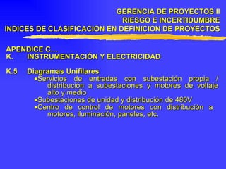 APENDICE C… K . INSTRUMENTACIÓN Y ELECTRICIDAD K.5 Diagramas Unifilares  Servicios de entradas con subestación propia / distribución a subestaciones y motores de voltaje alto y medio  Subestaciones de unidad y distribución de 480V  Centro de control de motores con distribución a  motores, iluminación, paneles, etc. GERENCIA DE PROYECTOS II RIESGO E INCERTIDUMBRE INDICES DE CLASIFICACION EN DEFINICION DE PROYECTOS 