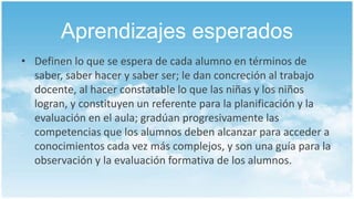 Aprendizajes esperados
• Definen lo que se espera de cada alumno en términos de
saber, saber hacer y saber ser; le dan concreción al trabajo
docente, al hacer constatable lo que las niñas y los niños
logran, y constituyen un referente para la planificación y la
evaluación en el aula; gradúan progresivamente las
competencias que los alumnos deben alcanzar para acceder a
conocimientos cada vez más complejos, y son una guía para la
observación y la evaluación formativa de los alumnos.
 