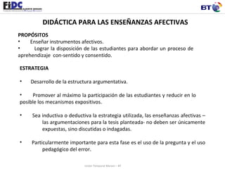 DIDÁCTICA PARA LAS ENSEÑANZAS AFECTIVAS PROPÓSITOS Enseñar instrumentos afectivos. Lograr la disposición de las estudiantes para abordar un proceso de  aprehendizaje  con-sentido y consentido. ESTRATEGIA Desarrollo de la estructura argumentativa. Promover al máximo la participación de las estudiantes y reducir en lo  posible los mecanismos expositivos.  Sea inductiva o deductiva la estrategia utilizada, las enseñanzas afectivas – las argumentaciones para la tesis planteada- no deben ser únicamente  expuestas, sino discutidas o indagadas.  Particularmente importante para esta fase es el uso de la pregunta y el uso  pedagógico del error. Unión Temporal Merani – BT 