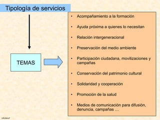 Tipología de servicios
                            •   Acompañamiento a la formación

                            •   Ayuda próxima a quienes lo necesitan

                            •   Relación intergeneracional

                            •   Preservación del medio ambiente

                            •   Participación ciudadana, movilizaciones y
          TEMAS                 campañas

                            •   Conservación del patrimonio cultural

                            •   Solidaridad y cooperación

                            •   Promoción de la salud

                            •   Medios de comunicación para difusión,
                                denuncia, campañas …

URUNAJP
 