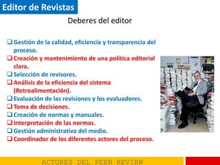 ACTORES DEL PEER REVIEW
Editor de Revistas
Deberes del editor
Gestión de la calidad, eficiencia y transparencia del
proce...