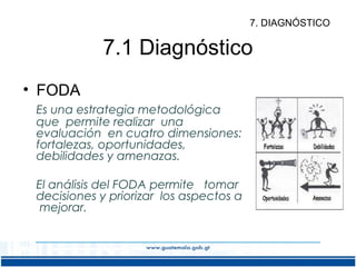 7. DIAGNÓSTICO

7.1 Diagnóstico
• FODA
Es una estrategia metodológica
que permite realizar una
evaluación en cuatro dimensiones:
fortalezas, oportunidades,
debilidades y amenazas.
El análisis del FODA permite tomar
decisiones y priorizar los aspectos a
mejorar.

 