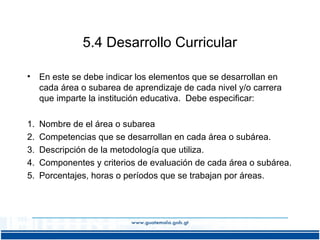 5.4 Desarrollo Curricular
•

En este se debe indicar los elementos que se desarrollan en
cada área o subarea de aprendizaje de cada nivel y/o carrera
que imparte la institución educativa. Debe especificar:

1.
2.
3.
4.
5.

Nombre de el área o subarea
Competencias que se desarrollan en cada área o subárea.
Descripción de la metodología que utiliza.
Componentes y criterios de evaluación de cada área o subárea.
Porcentajes, horas o períodos que se trabajan por áreas.

 