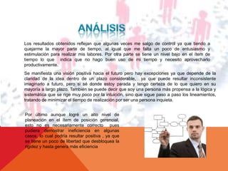 Los resultados obtenidos reflejan que algunas veces me salgo de control ya que tiendo a 
quejarme la mayor parte de tiempo, al igual que me falta un poco de entusiasmo y 
estimulación para realizar mis labores. Por otra parte se tiene un nivel bajo en el ítem de 
tiempo lo que indica que no hago buen uso de mi tiempo y necesito aprovecharlo 
productivamente. 
Se manifiesta una visión positiva hacia el futuro pero hay excepciones ya que depende de la 
claridad de la idea dentro de un plazo considerable, ya que puede resultar inconsistente 
imaginarlo a futuro, pero si sé donde estoy parada y tengo certeza de lo que quiero en su 
mayoría a largo plazo. También se puede decir que soy una persona más propensa a la lógica y 
sistemática que se rige muy poco por la intuición, sino que sigue paso a paso los lineamientos, 
tratando de minimizar el tiempo de realización por ser una persona inquieta. 
Por último aunque logré un alto nivel de 
planeación en el ítem de posición gerencial, 
esto no es necesariamente correcto pues 
pudiera demostrar ineficiencia en algunas 
casos, lo cual podría resultar positiva , ya que 
se tiene un poco de libertad que desbloquea la 
rigidez y hasta genera más eficiencia 
