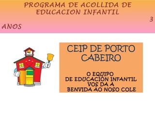 PROGRAMA DE ACOLLIDA DE
EDUCACION INFANTIL
3
ANOS
CEIP DE PORTO
CABEIRO
O EQUIPO
DE EDUCACIÓN INFANTIL
VOS DA A
BENVIDA AO NOSO COLE
 