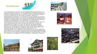 RECUPERACIÓN
La recuperación se inicia en la última década del siglo pasado en un
contexto regional diferente. El río Magdalena ha perdido importancia
frente a la comunicación por carreteras y sufre el abandono estatal.
La Costa Caribe entra en la era de la minería y lidera las
exportaciones nacionales con el producto de los grandes yacimientos
carboníferos de la Guajira y el Cesar y los depósitos de ferroníquel en
Córdoba. Cartagena logra una recuperación sin precedentes gracias a
la industria petroquímica y sus derivados, a la refinación y
exportación de petróleo y al turismo. Las ciudades menores crecen y
cinco zonas portuarias, dentro de las siete que tiene el país, se
consolidan en la región en razón del valor de las exportaciones
mineras, industriales y pecuarias: la Guajira (Carbocol), Golfo de
Morrosquillo, Santa Marta, Cartagena y por último Barranquilla que
continúa siendo el principal puerto de importación. Su
eslabonamiento con la región se afirma gracias a su mayor población
que constituye el principal consumidor de los productos agropecuarios
de la Costa y de los bienes manufacturados en sus fábricas21. En 1993
fue elevada a la categoría de Distrito Especial, Industrial y Portuario.
 