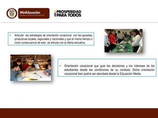 • Orientación vocacional que guie las decisiones y los intereses de los
estudiantes desde las condiciones de su contexto. Dicha orientación
vocacional bien podría ser abordada desde la Educación Media.
• Articular las estrategias de orientación vocacional con las apuestas
productivas locales, regionales y nacionales y que al mismo tiempo o
como consecuencia de esto, se articule con la oferta educativa.
 