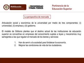 La perspectiva de mercado
Pertinencia de la
Educación Superior
Articulación social y económica de la universidad por medio de tres componentes: (i)
universidad, (ii) empresa y (iii) gobierno.
El modelo de Gibbons plantea que el destino actual de las instituciones de educación
superior es convertirse en empresas del conocimiento sujetas a leyes y mecanismos muy
semejantes a las que regulan el mercado de los bienes y servicios:
1. Han de servir a la sociedad para fortalecer la economía.
2. Mejorar las condiciones de vida de los ciudadanos.
 
