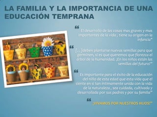 LA FAMILIA Y LA IMPORTANCIA DE UNA
EDUCACIÓN TEMPRANA
                 El desarrollo de las cosas mas graves y mas
                  importantes de la vida , tiene su origen en la
                                                       infancia"

               […]deben plantarse nuevas semillas para que
                 germinen, si es que queremos que florezca el
                 árbol de la humanidad. ¡En los niños están las
                                         semillas del futuro!”

                 Es importante para el éxito de la educación
                     del niño de esta edad que esta vida que el
                 siente en si tan íntimamente unida con la vida
                     de la naturaleza , sea cuidada, cultivada y
                  desarrollada por sus padres y por su familia”

                        ¡VIVAMOS POR NUESTROS HIJOS!”
 