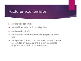 Factores económicos
 Los ciclos económicos
 Las políticas económicas del gobierno
 Los tipos de interés
 Los factores ...