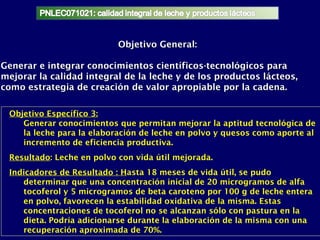 Objetivo General:

Generar e integrar conocimientos científicos-tecnológicos para
mejorar la calidad integral de la leche y de los productos lácteos,
como estrategia de creación de valor apropiable por la cadena.

 Objetivo Específico 3:
    Generar conocimientos que permitan mejorar la aptitud tecnológica de
    la leche para la elaboración de leche en polvo y quesos como aporte al
    incremento de eficiencia productiva.
 Resultado: Leche en polvo con vida útil mejorada.
 Indicadores de Resultado : Hasta 18 meses de vida útil, se pudo
    determinar que una concentración inicial de 20 microgramos de alfa
    tocoferol y 5 microgramos de beta caroteno por 100 g de leche entera
    en polvo, favorecen la estabilidad oxidativa de la misma. Estas
    concentraciones de tocoferol no se alcanzan sólo con pastura en la
    dieta. Podría adicionarse durante la elaboración de la misma con una
    recuperación aproximada de 70%.
 
